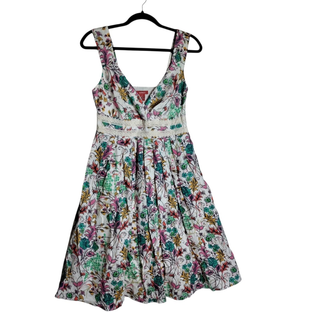 Sundance Floral Linen Fit and Flare Dress Size 4 Lace Trim V-Neck Colorful Boho‎
